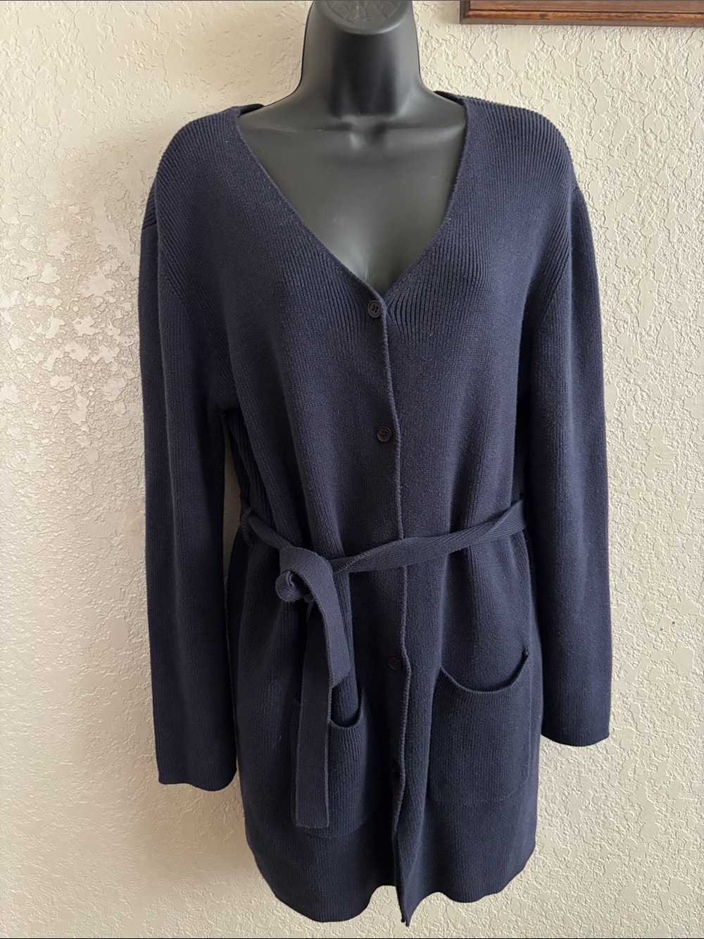 Liz Claiborne Navy V-Neck Belted Cardigan with Pockets